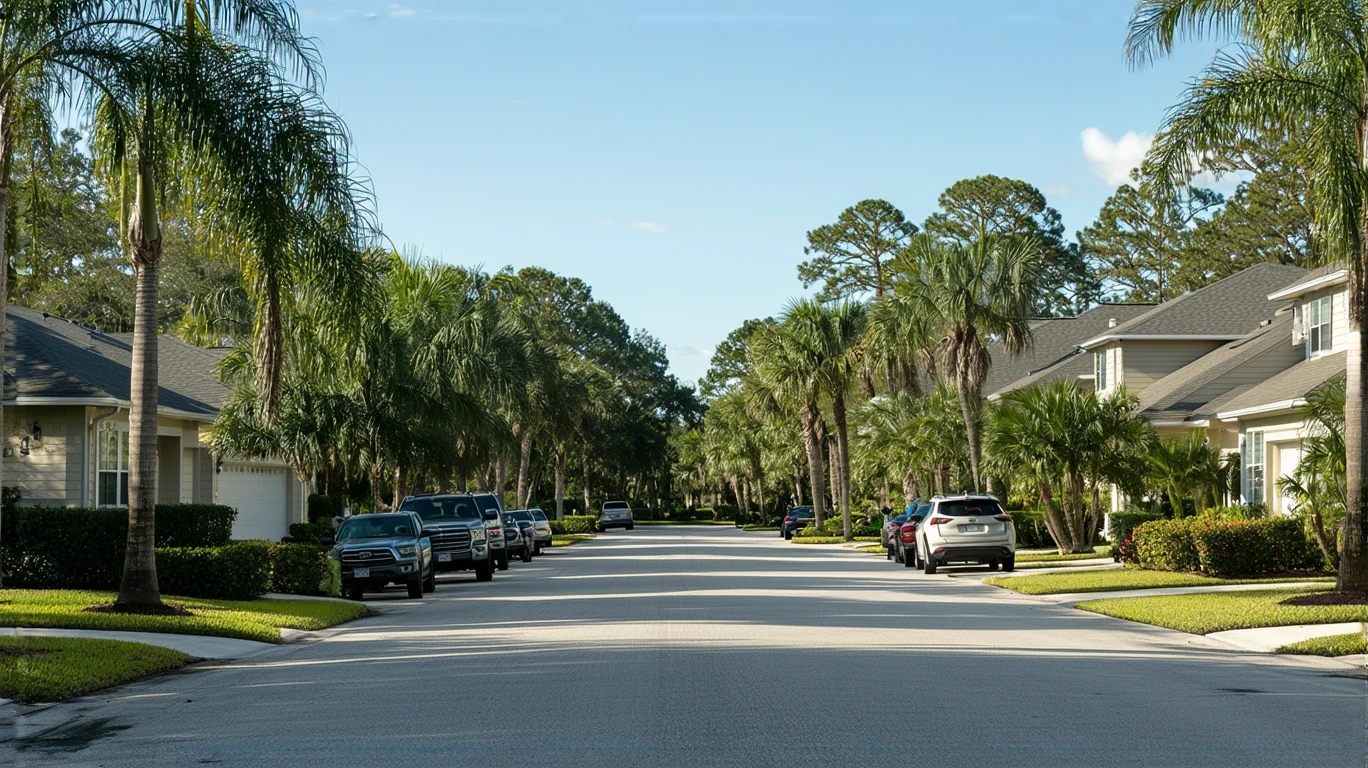 A residential street in Sanford, FL with a mix of houses and small apartment buildings on a sunny day.