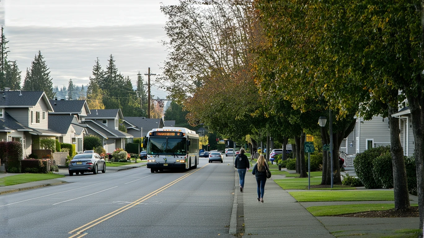 A King County Metro bus driving past craftsman homes on a residential street in Shoreline, Washington