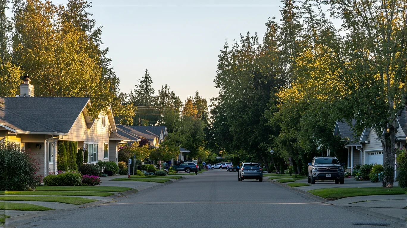 A residential street in Kent, WA with one-story homes and long shadows at sunrise.