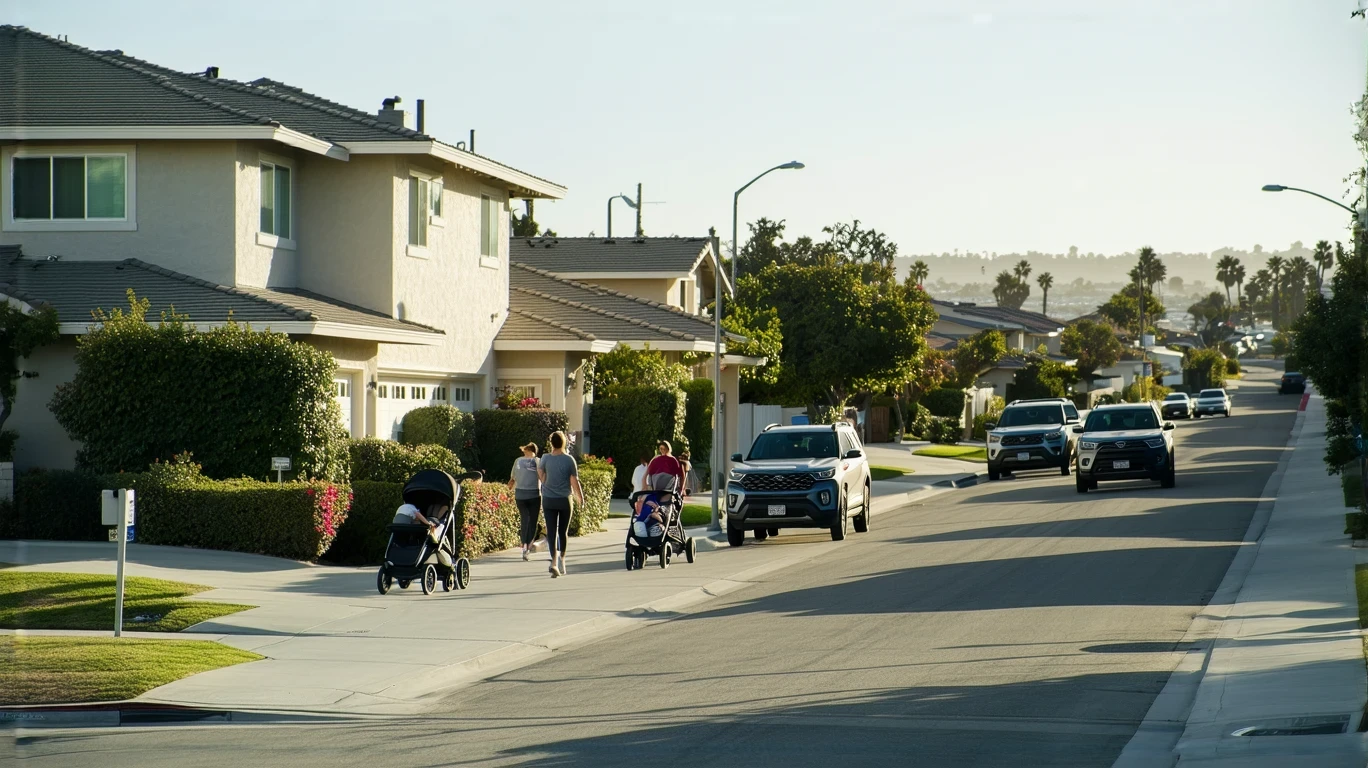A residential street in Carlsbad, California with modern stucco homes, parked cars, and a young family walking on the sidewalk.