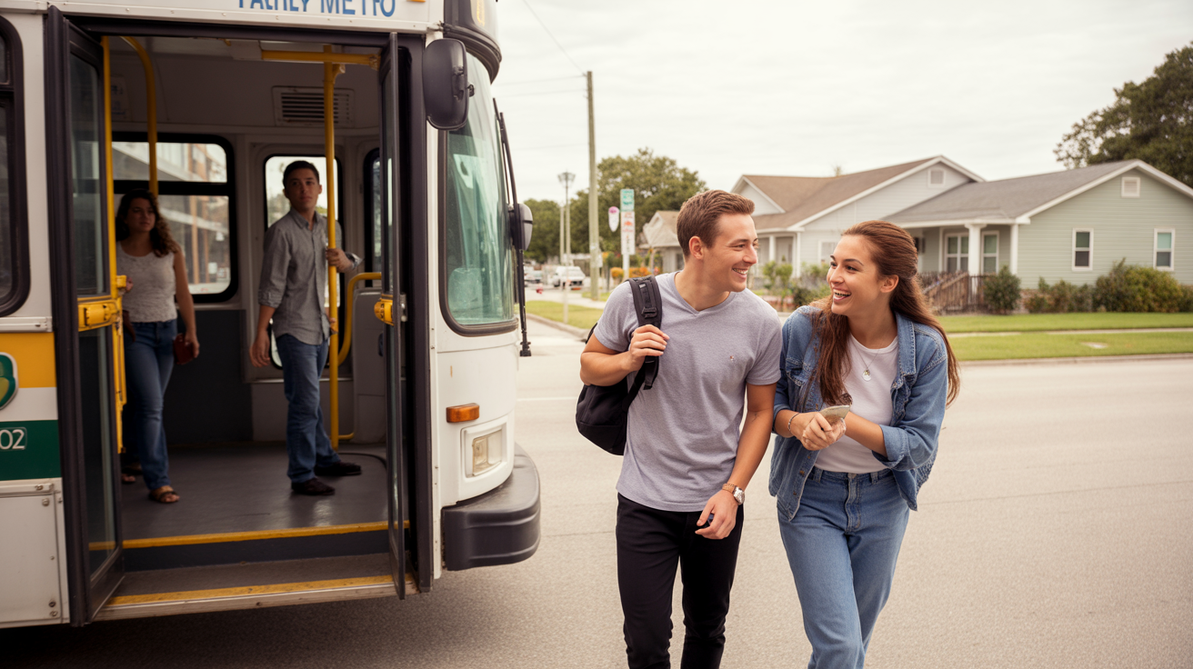 Two friends walking toward Valley Metro bus in Plant City, FL neighborhood