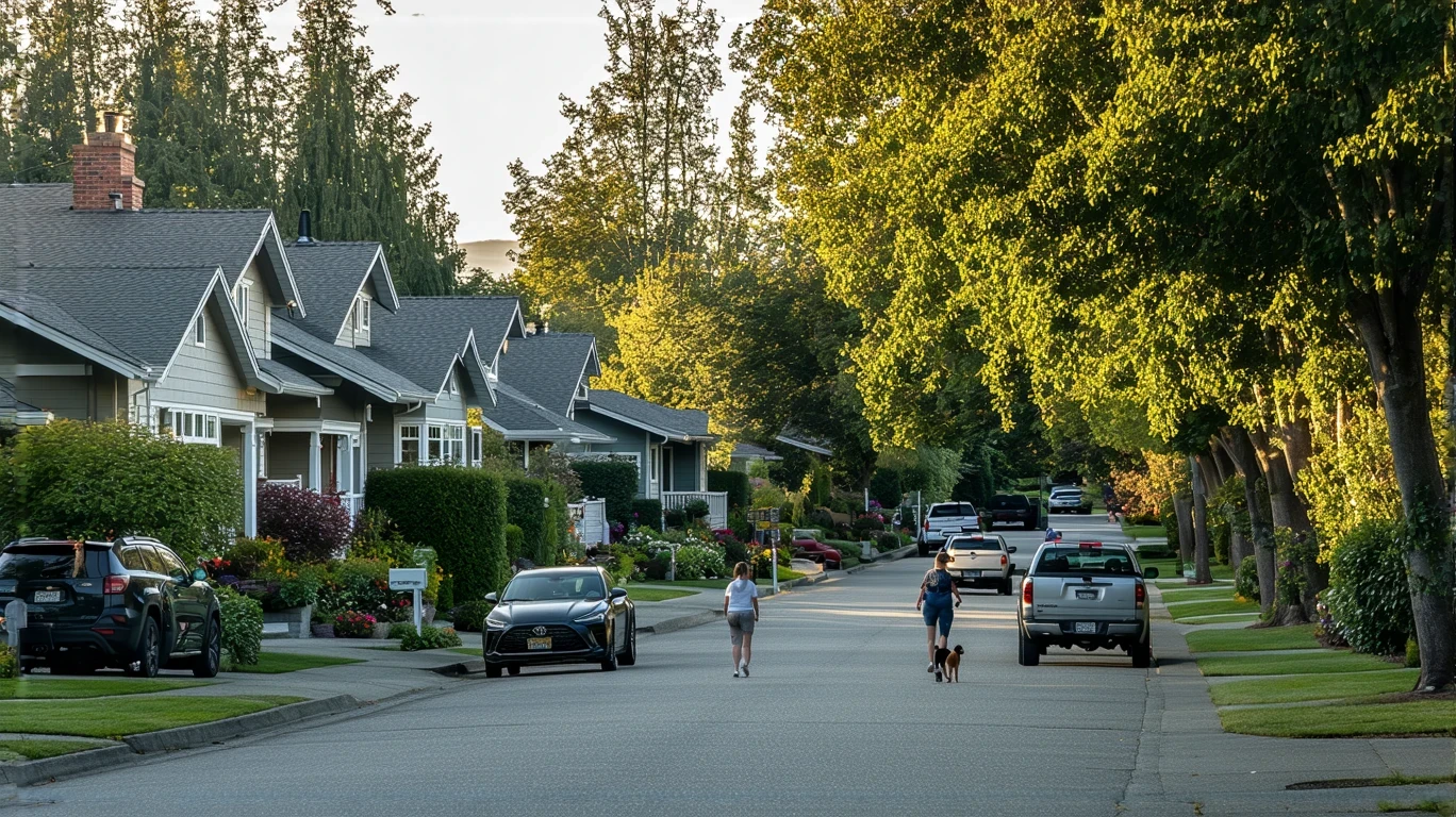 A tree-lined suburban street in Kirkland, WA with craftsman homes and a woman walking her dog