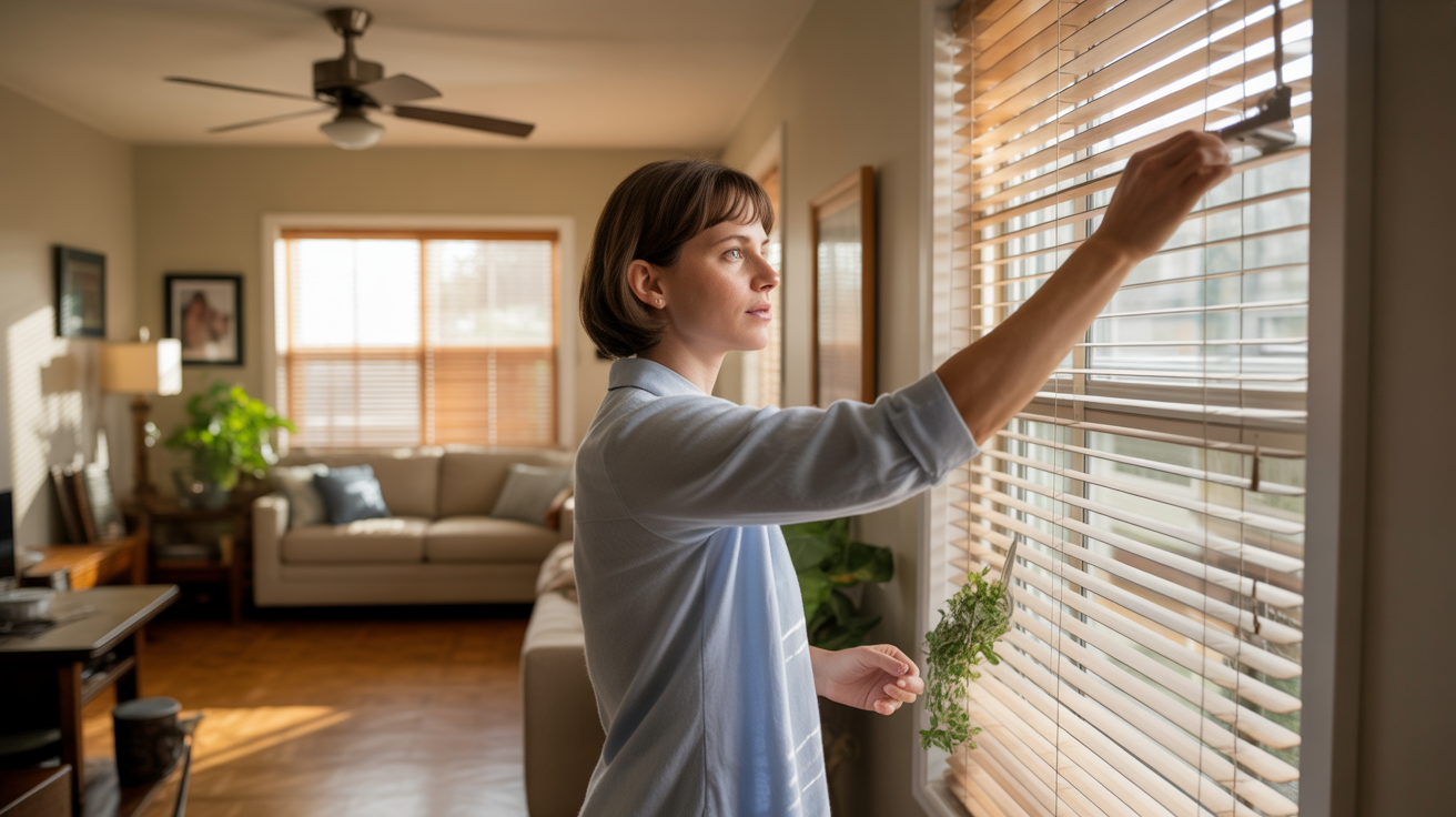 Person adjusting blinds to block sunlight in a tidy living room with ceiling fan and houseplants.