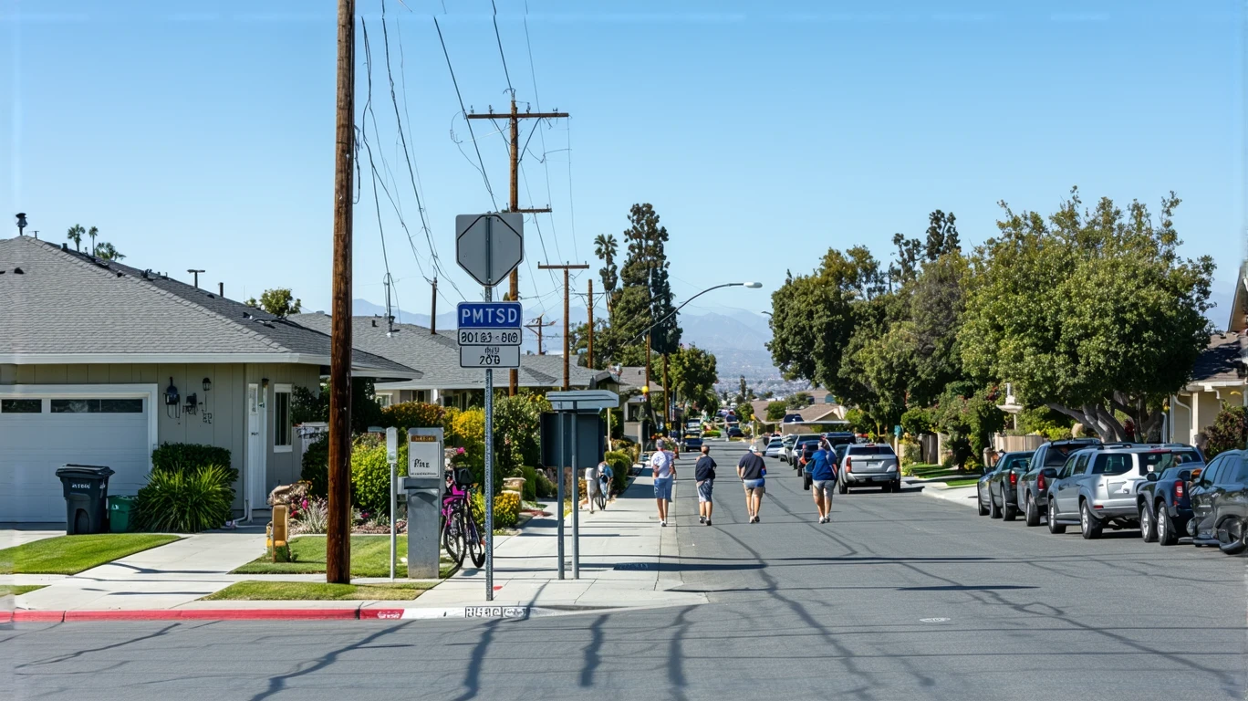 A bus stop on a suburban street in Lemon Grove, California with people waiting and walking nearby.