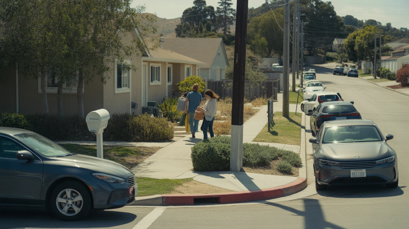 Exterior view of a suburban home in San Marcos, California with cars in the driveway and a person carrying groceries.