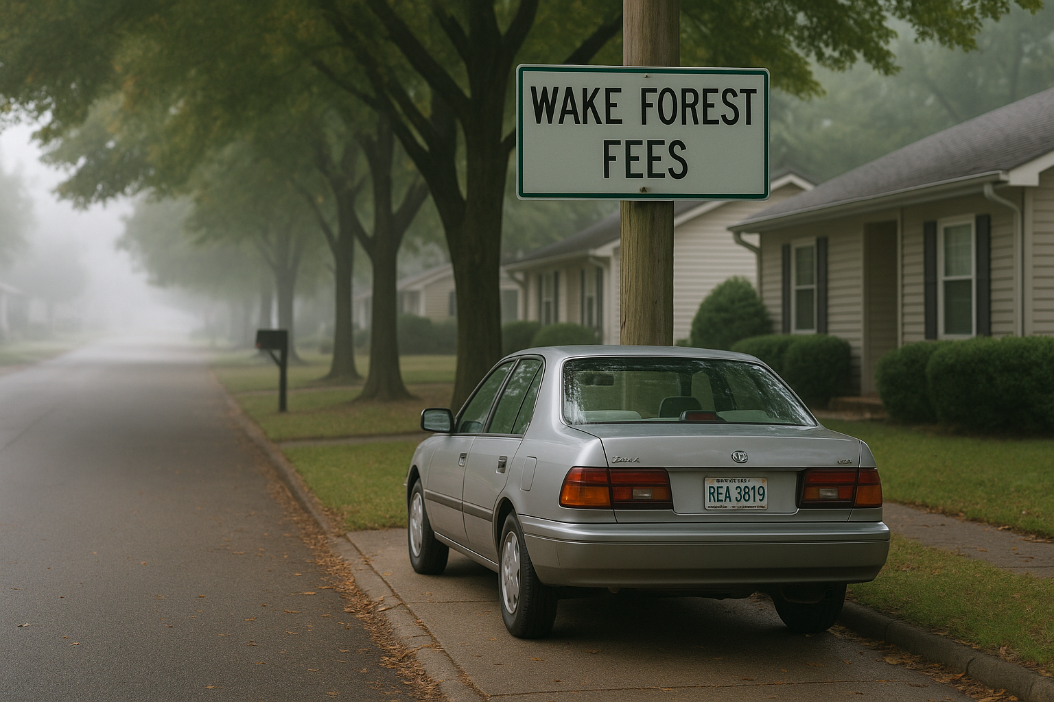 A foggy suburban street in Wake Forest, NC with a parked sedan near a sign that reads “Wake Forest Fees.