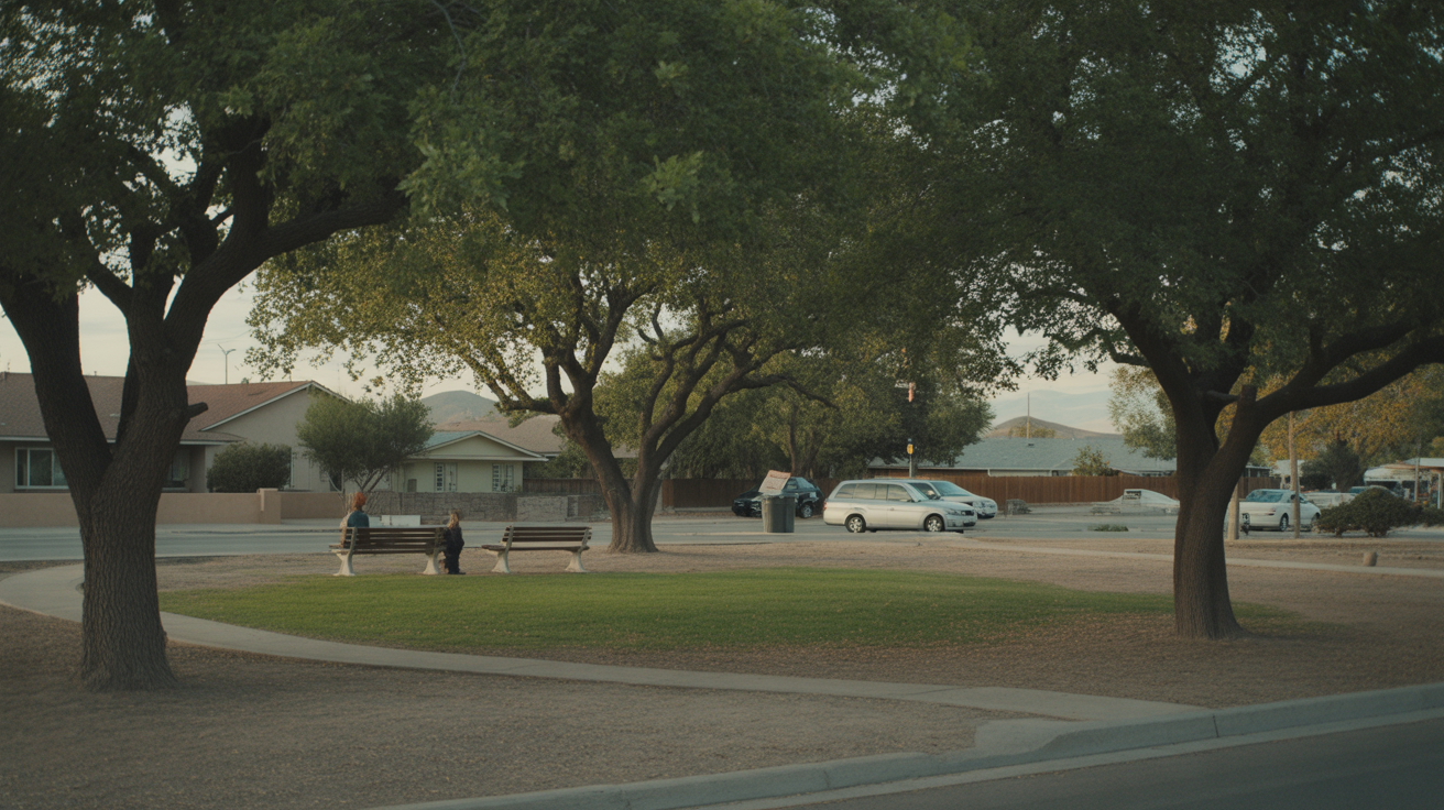 A serene neighborhood park in Boulder City, NV with empty benches under an oak tree and golden-hour light on the grass.