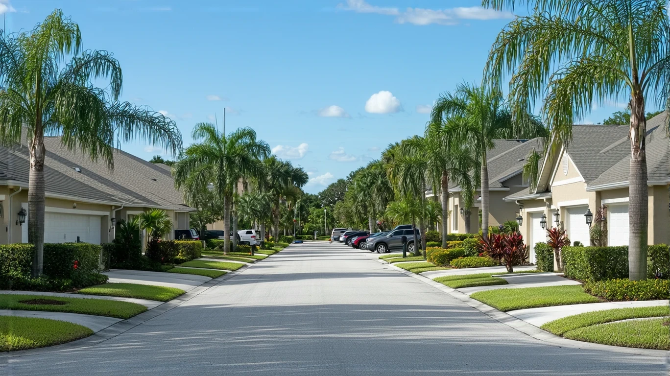 A sunny suburban street in Wesley Chapel, Florida lined with well-maintained stucco homes and tropical landscaping.