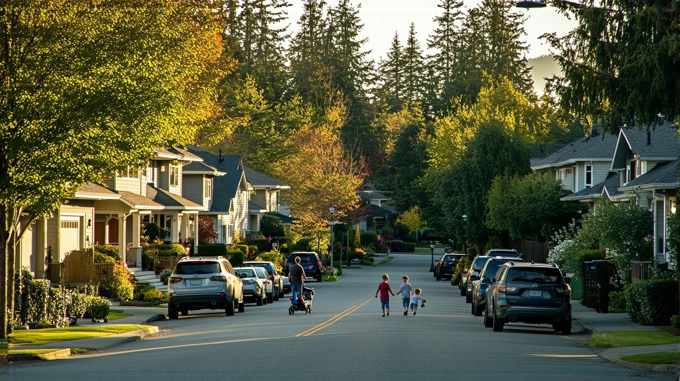 A family walks along a sidewalk lined with craftsman-style homes and townhouses on a sunny day in Sammamish, Washington.